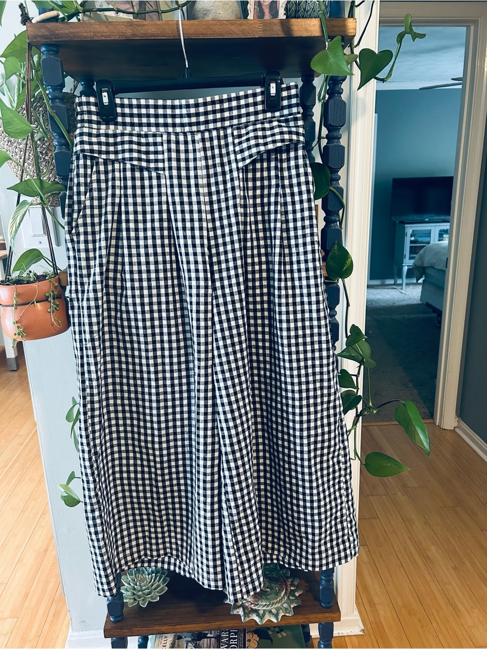 Black and White Gingham Wide-Leg Pants